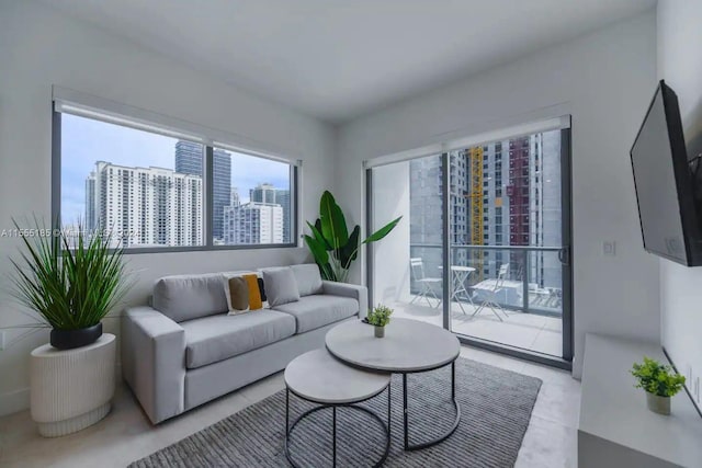 living room featuring light tile floors