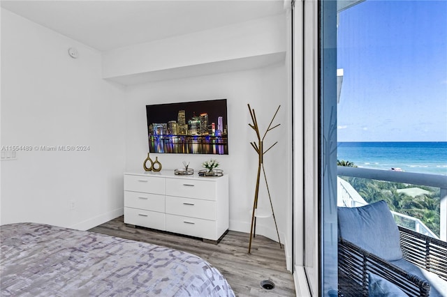 bedroom featuring a water view and light wood-type flooring