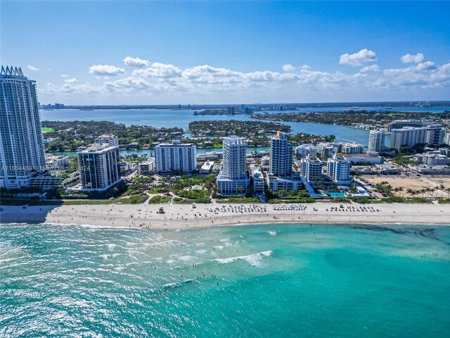 aerial view with a water view and a view of the beach