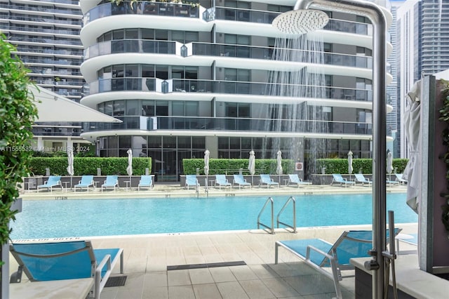 view of swimming pool with a patio area