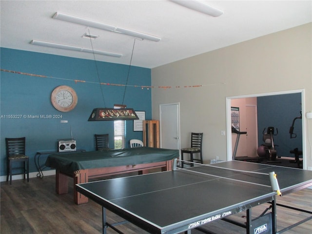 rec room with wood-type flooring and billiards