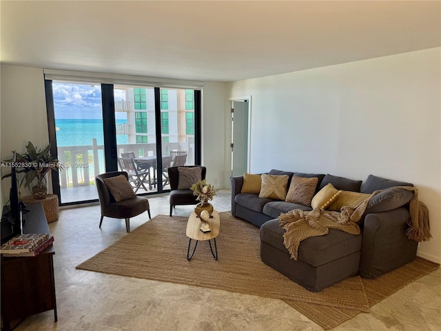 living room with a water view and a healthy amount of sunlight