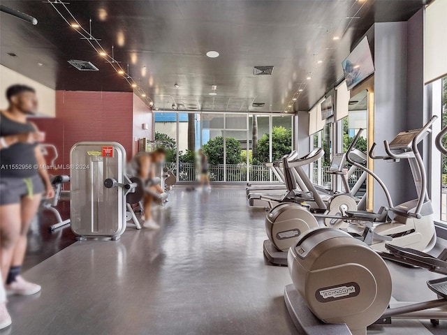 exercise room featuring expansive windows