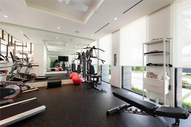 exercise room with a raised ceiling