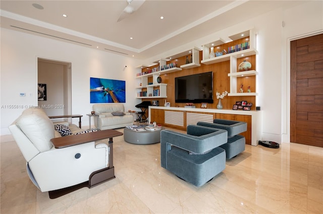 tiled living room with a raised ceiling