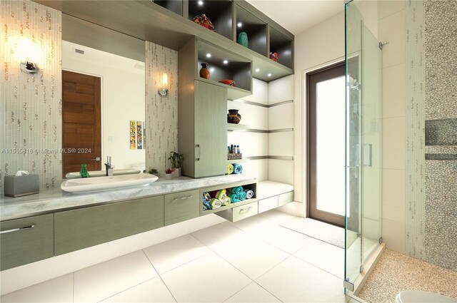 bathroom with vanity, walk in shower, and tile patterned floors