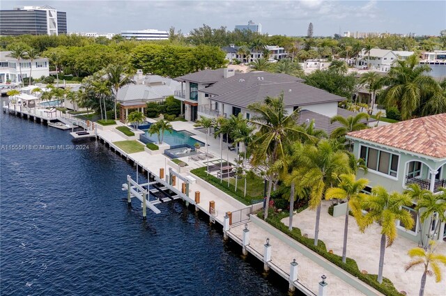 aerial view featuring a water view