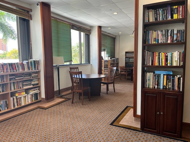 dining room featuring light colored carpet and a paneled ceiling