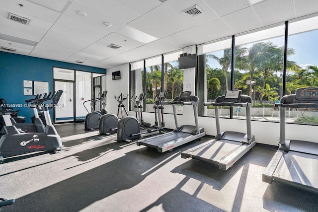 exercise room with a drop ceiling and a healthy amount of sunlight