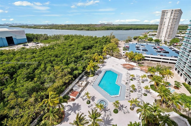 aerial view featuring a water view