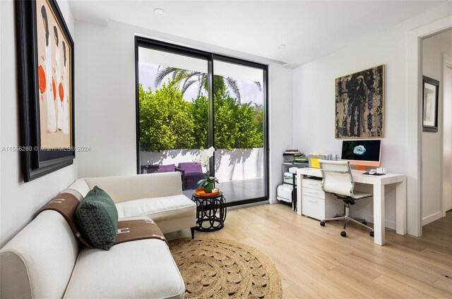 office space with plenty of natural light and light hardwood / wood-style flooring