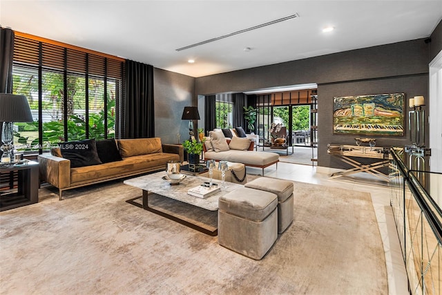 living room with light tile patterned flooring