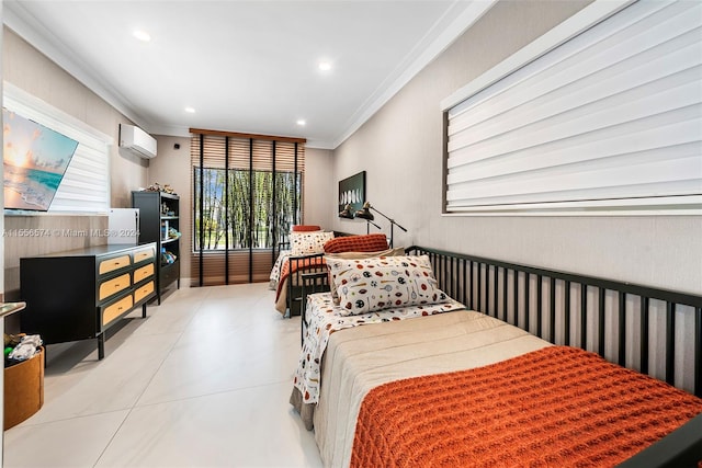 bedroom with a wall unit AC and crown molding