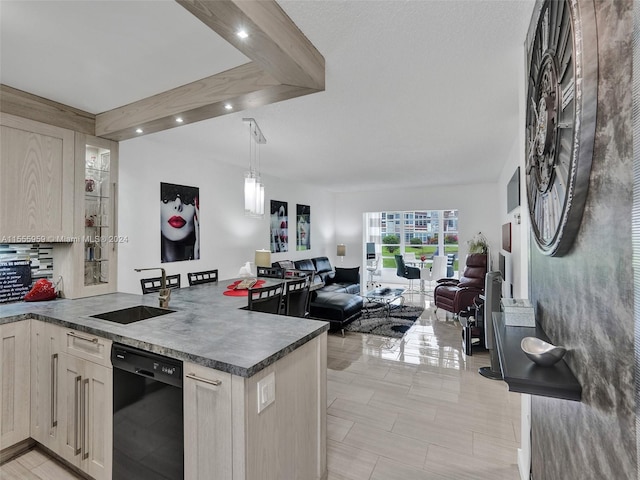 kitchen with light tile flooring, kitchen peninsula, hanging light fixtures, dishwasher, and sink