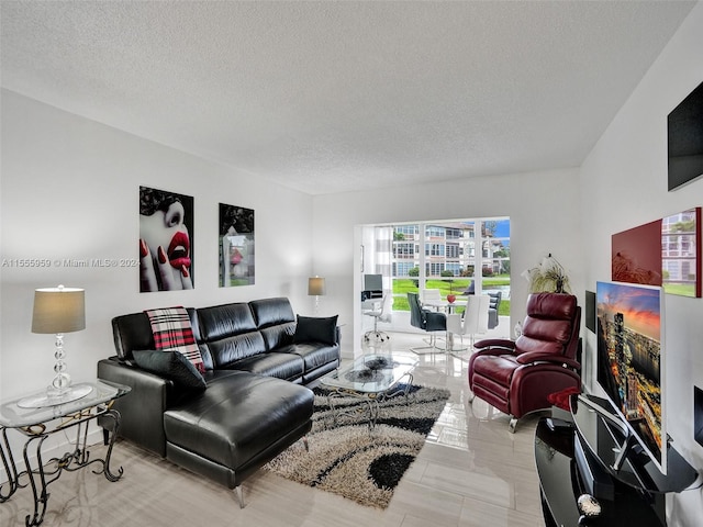 living room featuring a textured ceiling and a wealth of natural light