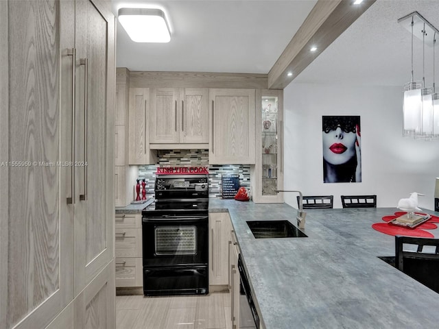 kitchen featuring decorative light fixtures, backsplash, sink, dishwasher, and black electric range oven