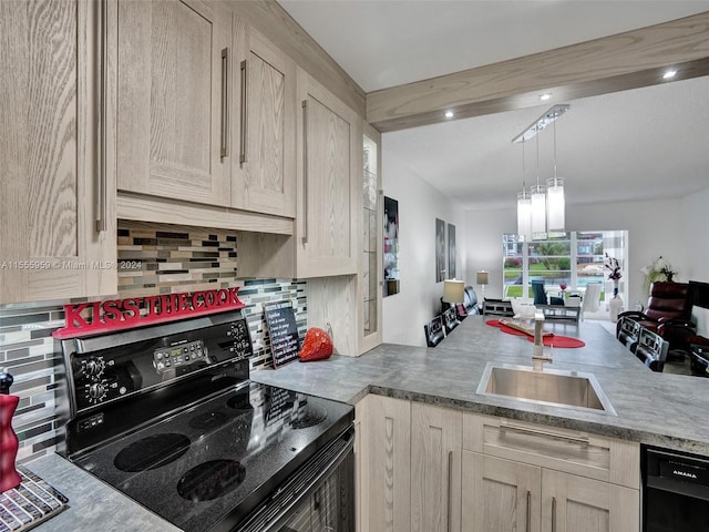 kitchen with range with electric stovetop, tasteful backsplash, light brown cabinets, and hanging light fixtures