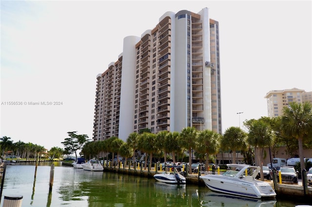 view of building exterior featuring a water view