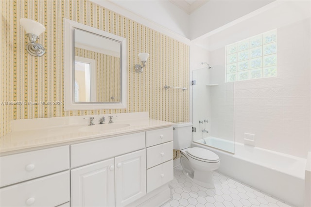 full bathroom featuring shower / bathtub combination, tile patterned flooring, vanity, and toilet