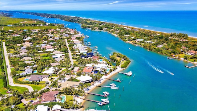 drone / aerial view featuring a water view