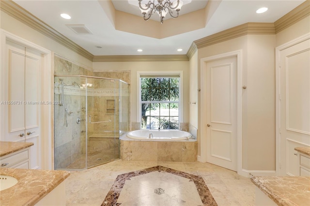 bathroom featuring shower with separate bathtub, crown molding, tile flooring, an inviting chandelier, and vanity