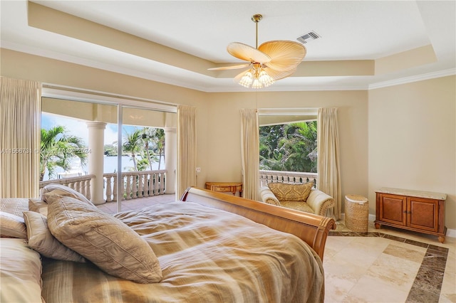 bedroom featuring ceiling fan, access to exterior, light tile flooring, a raised ceiling, and crown molding