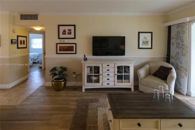 living room featuring crown molding and dark wood-type flooring