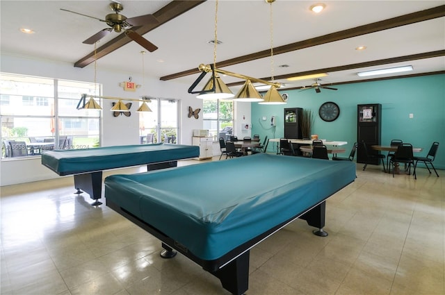 playroom with beam ceiling, ceiling fan, and billiards