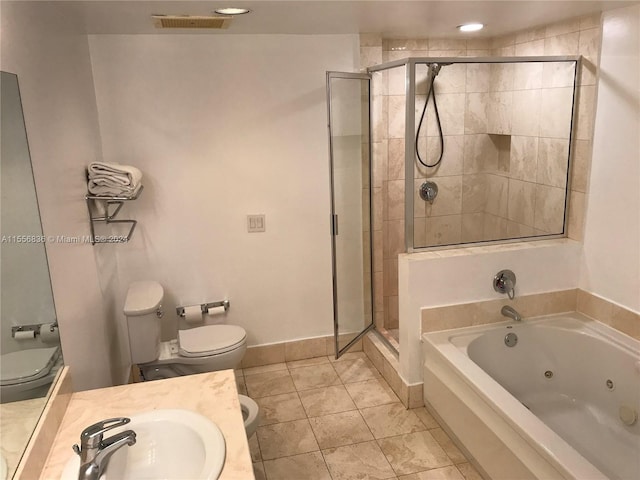 full bathroom with vanity, plus walk in shower, tile floors, and toilet