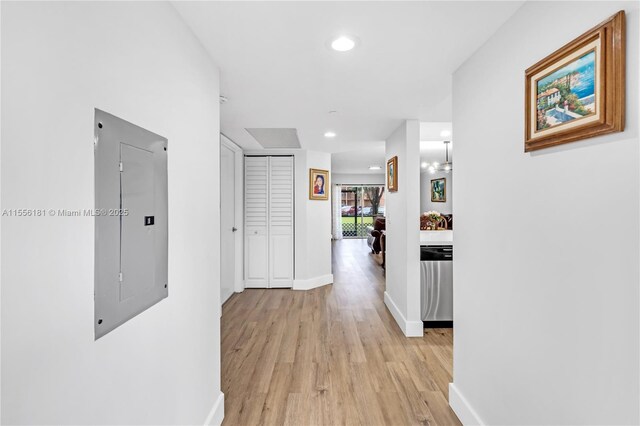 701 SW 142nd Ave Unit 108S, Pembroke Pines, FL 33027 - hall featuring electric panel, light wood finished floors, baseboards, and recessed lighting