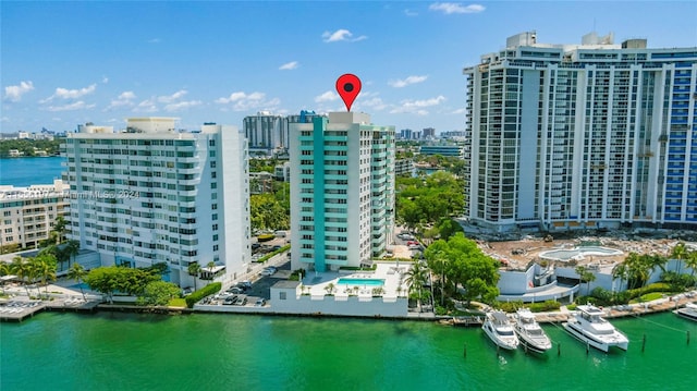 drone / aerial view with a water view