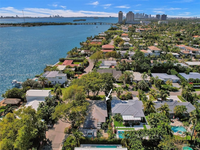 aerial view featuring a water view