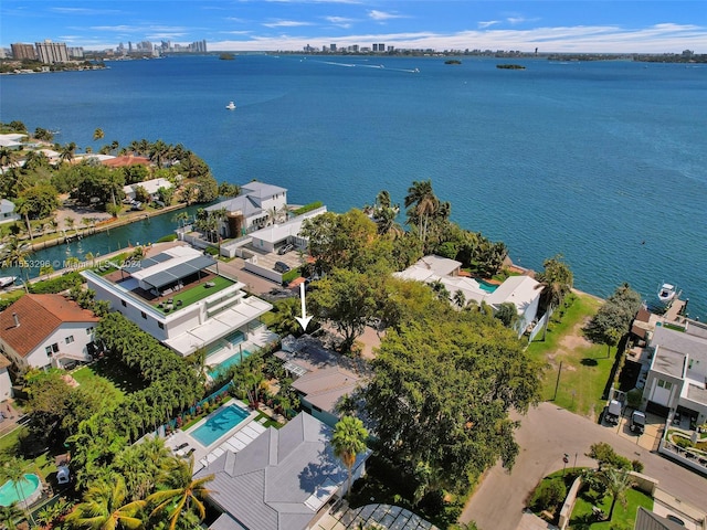 aerial view featuring a water view