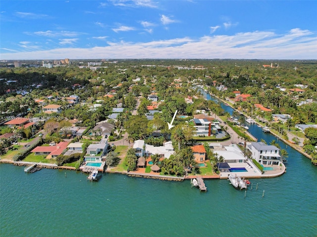 aerial view featuring a water view