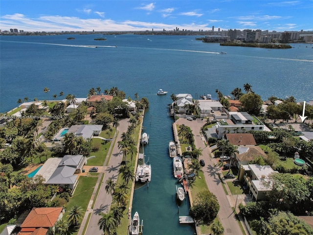 bird's eye view with a water view