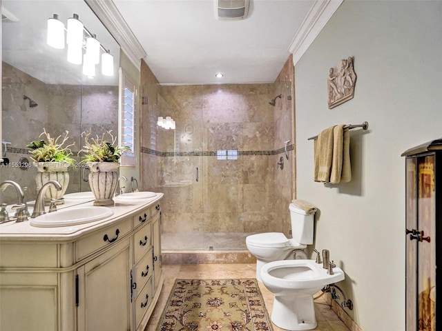 bathroom with toilet, a tile shower, a bidet, ornamental molding, and tile floors