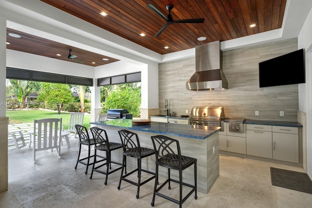 kitchen featuring white cabinetry, wooden ceiling, and wall chimney range hood