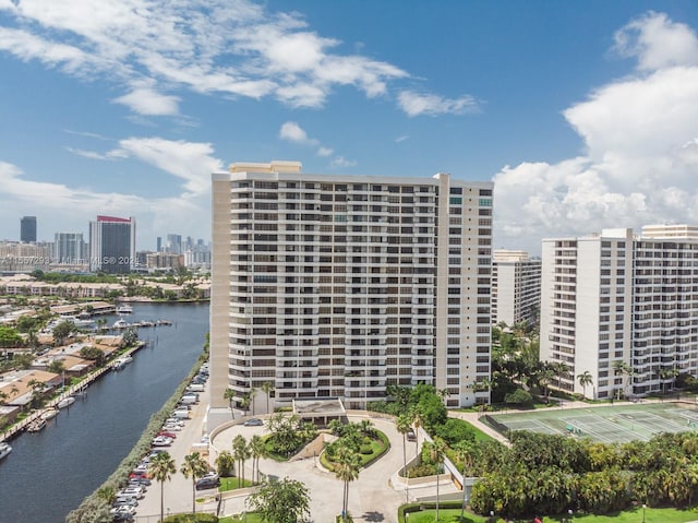 view of building exterior featuring a water view