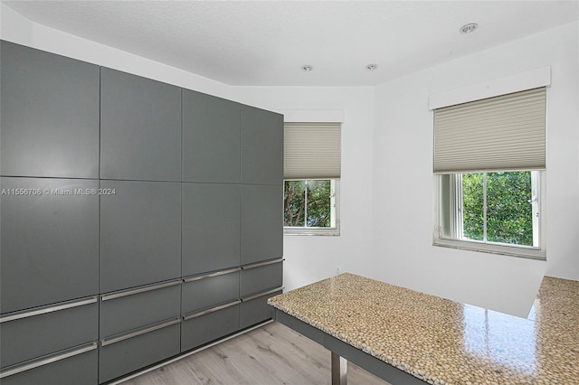 kitchen with gray cabinets and light wood finished floors