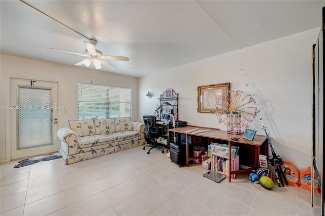 tiled home office with ceiling fan