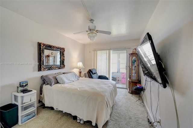 bedroom featuring light carpet and ceiling fan