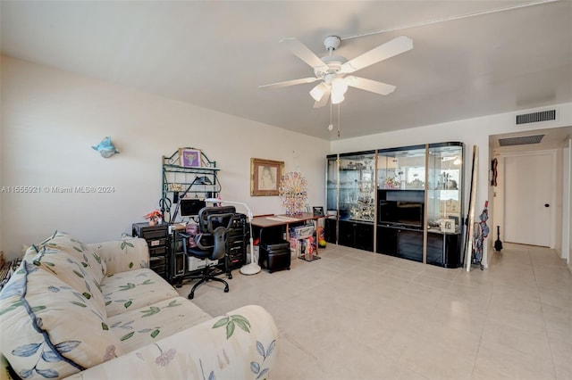 tiled office with ceiling fan