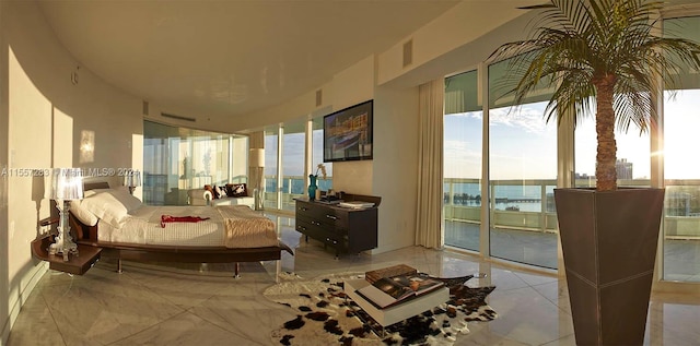 interior space featuring a water view