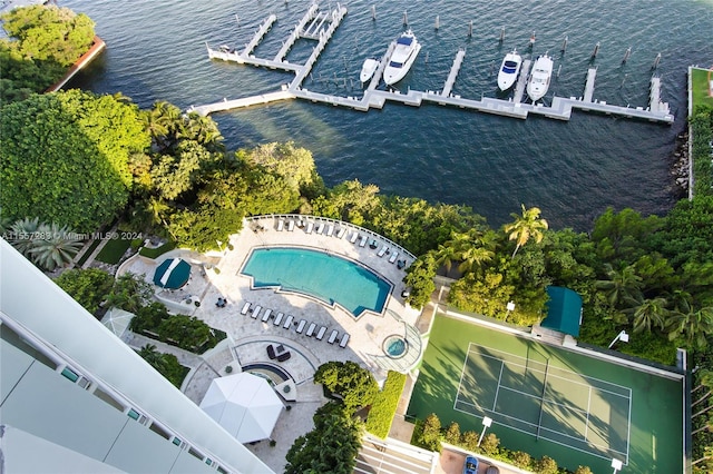 birds eye view of property featuring a water view