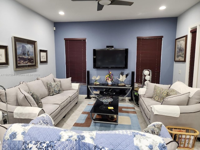 living room with ceiling fan