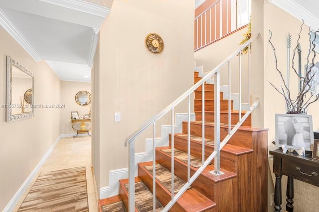 stairway featuring ornamental molding and light tile flooring