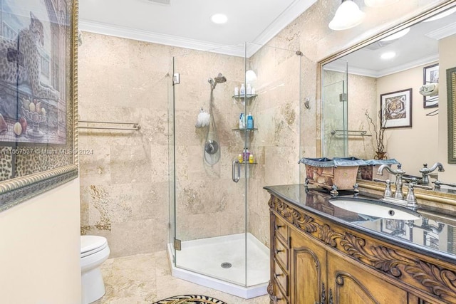 bathroom featuring tile walls, toilet, crown molding, tile flooring, and oversized vanity