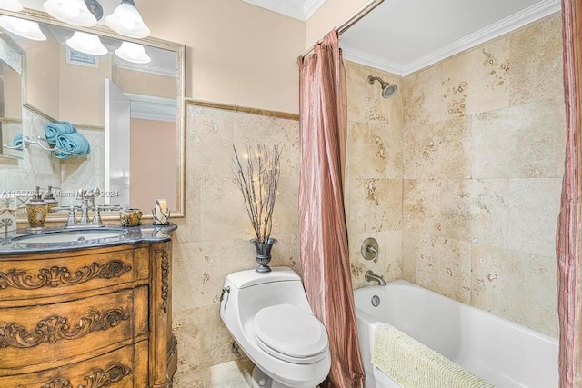 full bathroom featuring toilet, vanity, ornamental molding, tile walls, and shower / tub combo with curtain