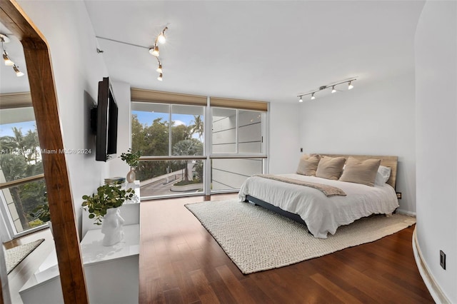 bedroom featuring track lighting and dark hardwood / wood-style floors