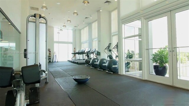 workout area featuring french doors